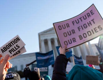 Abortion rights advocates demonstrate in front of the Supreme Court