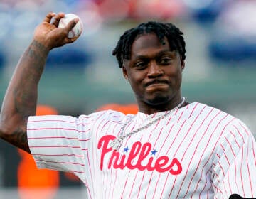 A.J. Brown throws the first pitch at a Phillies game