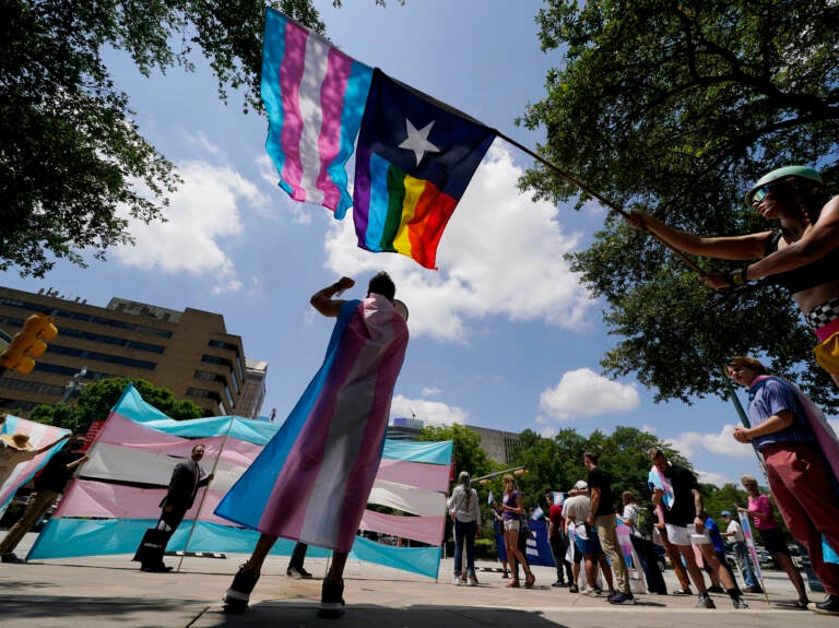 File photo: Demonstrators gather on the steps to the State Capitol to speak against transgender-related legislation bills being considered in the Texas Senate and Texas House in May 2021 in Austin, Texas. (Eric Gay/AP)