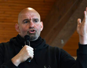 Pennsylvania Lt. Gov. John Fetterman, who is running for the Democratic nomination for U.S. Senate, speaks at a Centre County Democrats' breakfast event at a hotel at the Mountain View Country Club, Saturday, April 9, 2022, in Boalsburg, Pa. (AP Photo/Marc Levy)