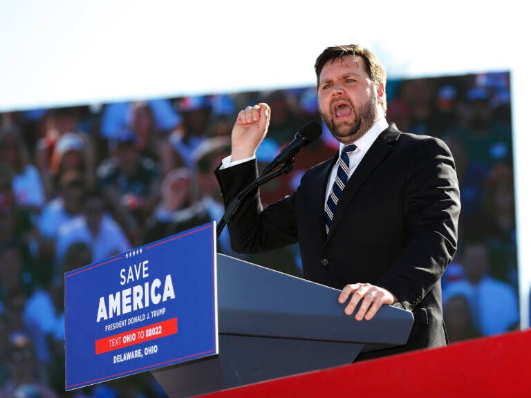 Republican Senate candidate J.D. Vance speaks at a rally with former President Donald Trump at the Delaware County Fairgrounds in Delaware, Ohio, on April 23. On Tuesday, the Trump-backed candidate won with a narrow victory. (Joe Maiorana/AP)