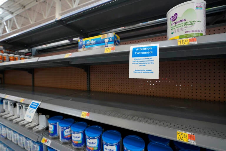 View of an empty shelf in a grocery store where usually baby formula products are available.