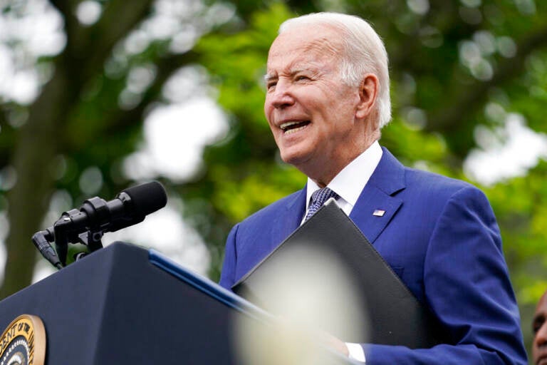 President Joe Biden speaks in the Rose Garden of the White House in Washington, Friday, May 13, 2022, during an event to highlight state and local leaders who are investing American Rescue Plan funding.