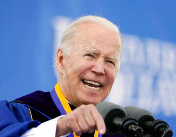 President Joe Biden points emphatically during his commencement speech to University of Delaware graduates.