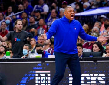 Doc Rivers of the 76ers reacts on the sidelines during a playoff game.