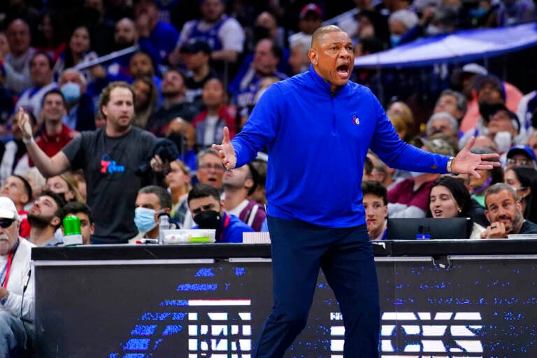 Doc Rivers of the 76ers reacts on the sidelines during a playoff game.