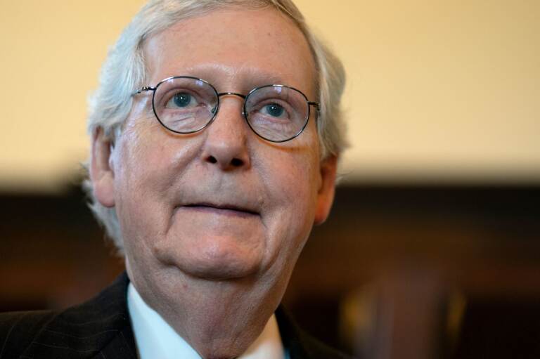 Senate Minority Leader Mitch McConnell led a delegation of Senate Republicans to Ukraine's capital of Kyiv this weekend.(Stefani Reynolds/AFP via Getty Images)