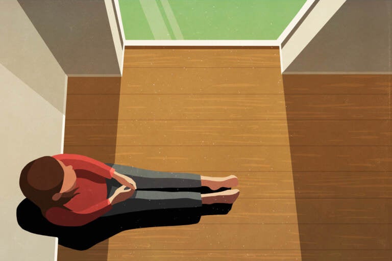 Illustration of a person sitting on the ground next to a wall.
