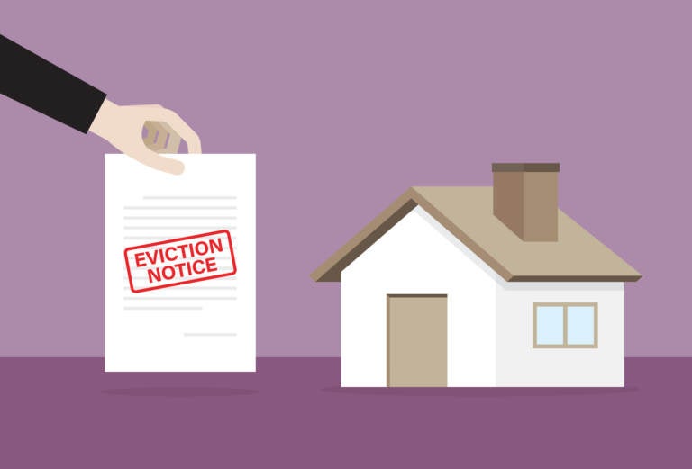 An illustration of a hand holding an eviction notice next to a house