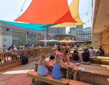 People sit at wooden picnic tables under a canopy protecting them from the sun.