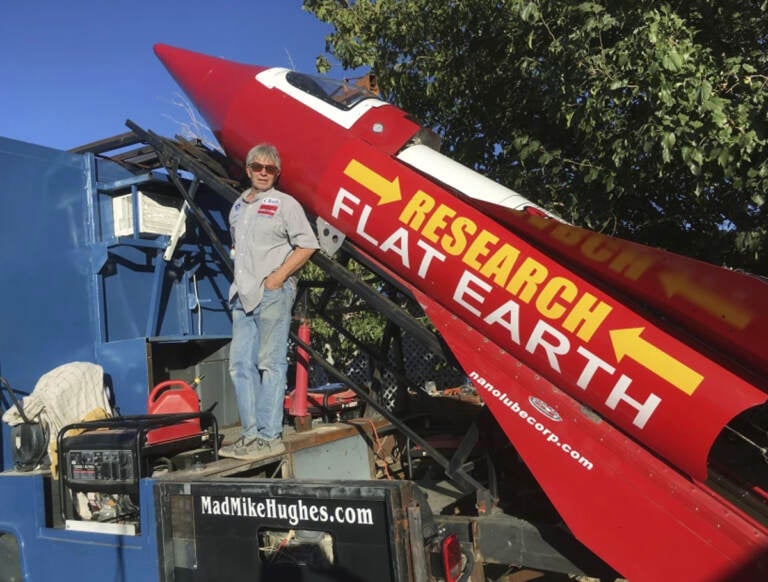 A 2017 photo shows daredevil “Mad Mike” Hughes with his steam-powered rocket constructed out of salvage parts. (Waldo Stakes / AP)