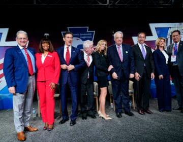 George Bochetto, Kathy Barnette, Mehmet Oz, Jeffrey Lord, Rose Tennent, John Gizzie, Jeff Bartos, Carla Sands, and Lowman Henry pose for a photograph during a forum for Republican candidates for U.S. Senate in Pennsylvania