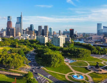 The Philadelphia skyline behind Eakins Oval. (Mark Henninger/Imagic Digital)