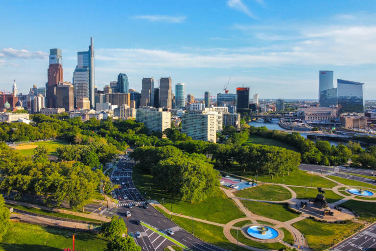 The Philadelphia skyline behind Eakins Oval. (Mark Henninger/Imagic Digital)