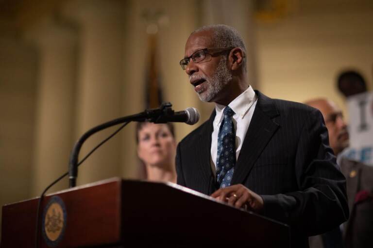 State Senator Art Haywood speaks at a podium.