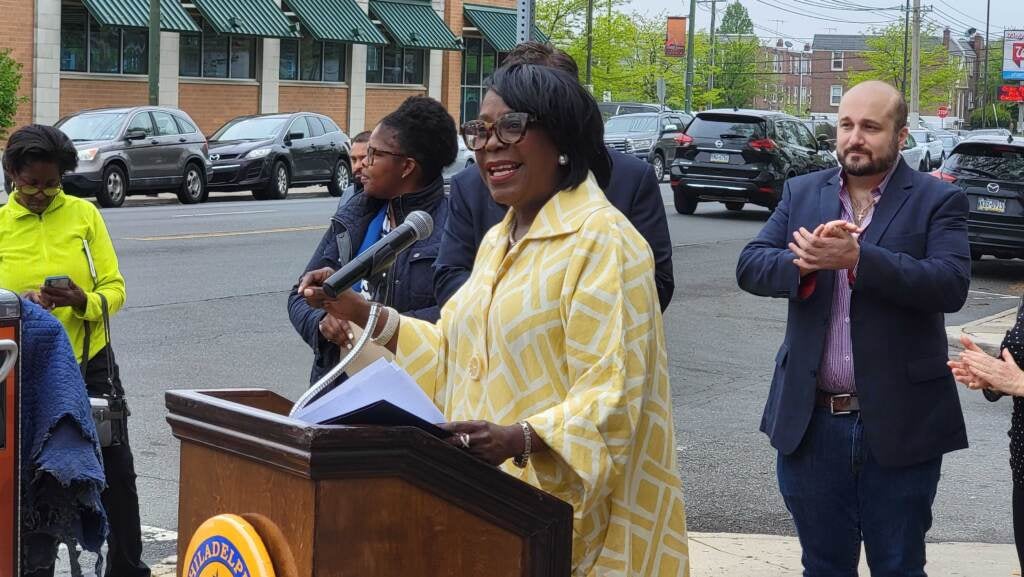 Councilmember Cherelle Parker spoke at a celebration of Small Business Wee in Northeast Philly on May 2, 2022. 