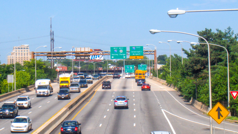 Aerial view of the Vine Street Expressway on a sunny day.