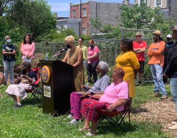 One person speaks at a podium as other people gather around in a garden in the city.