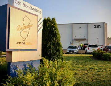 Amazon workers participate in a walkout at the company's Bellmawr, N.J., facility.