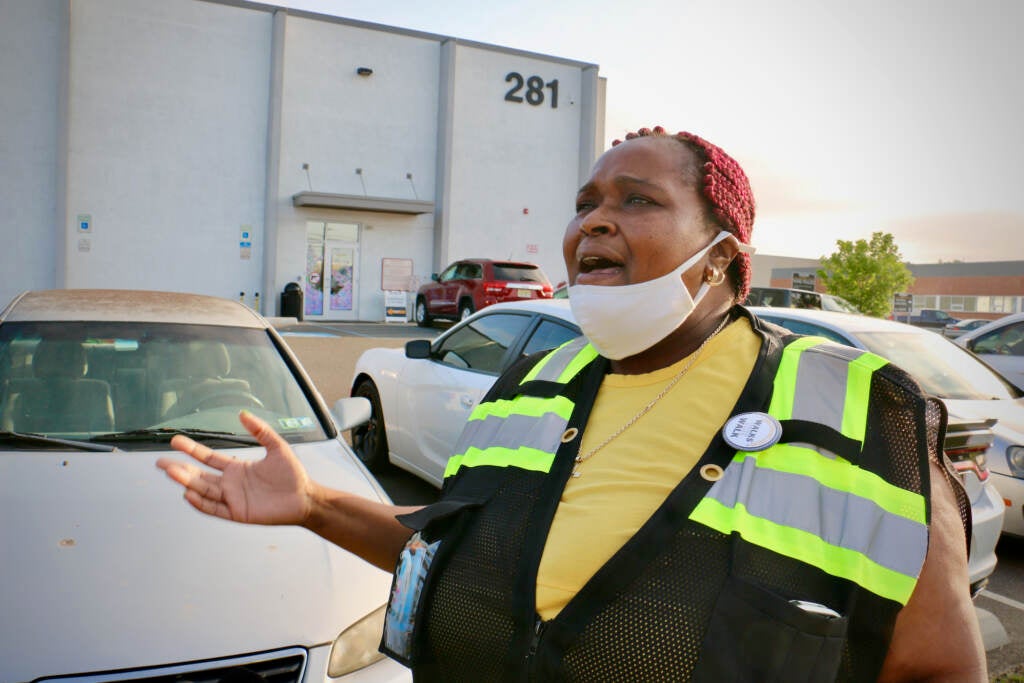 Amazon worker Brenda Stringer participates in a walkout at the company's warehouse in Bellmawr