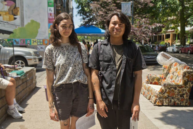 Musical duo Horse Divorce supported other acts after they performed on 47th Street for West Philly Porchfest on June 4, 2022. (Kimberly Paynter/WHYY)