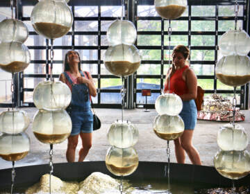 Cristina Conyers (left) and Jazmin Hurtado, visitors to Philadelphia from Los Angeles, check out Jean Shin's ''Freshwater'' at the Cherry Street Pier in June 2022.