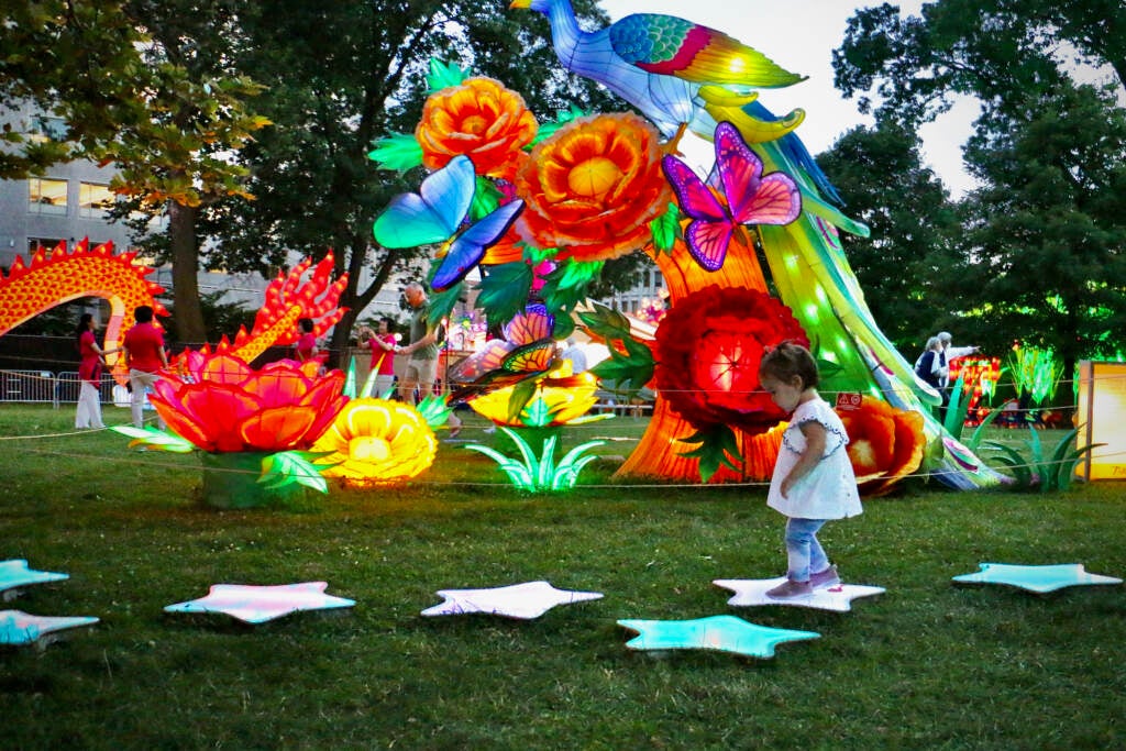 A small child steps on star-shaped stepping stones with another lantern display, made of birds, flowers, and butterflies, in the background.