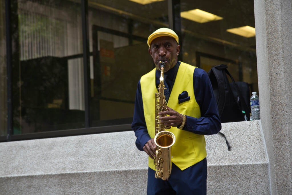 David Puryear plays his saxophone on 4th and Market streets in Philadelphia