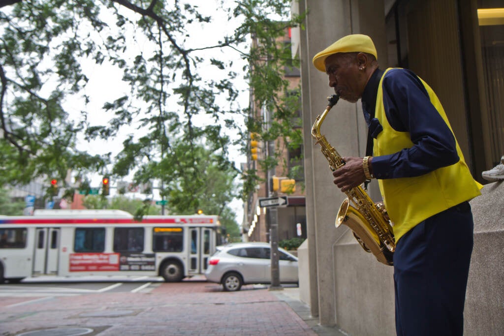 David Puryear plays his saxophone on 4th and Market streets in Philadelphia