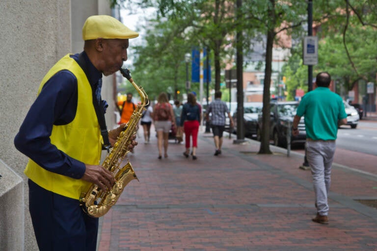 David Puryear plays saxophone on 4th and Market streets in Philadelphia.