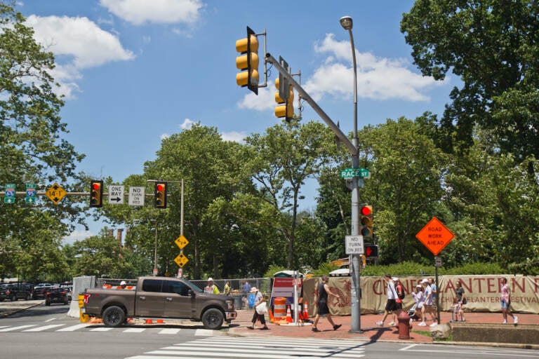 Construction of the Franklin Square PATCO stop is underway at 7th and Race streets in Philadelphia. (Kimberly Paynter/WHYY)