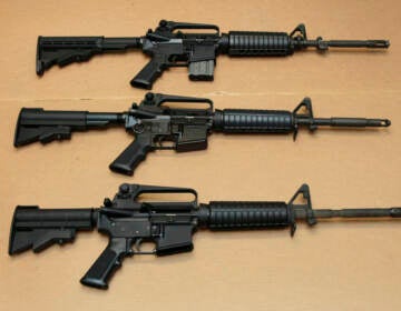 FILE -Three variations of the AR-15 assault rifle are displayed at the California Department of Justice in Sacramento, Calif., on Aug. 15, 2012. (AP Photo/Rich Pedroncelli, File)