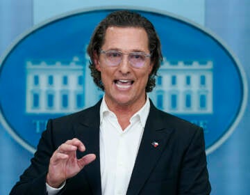 Matthew McConaughey, a native of Uvalde, Texas, talks about the mass shooting in Uvalde, as he joins White House press secretary Karine Jean-Pierre for the daily briefing at the White House in Washington, Tuesday, June 7, 2022. (AP Photo/Evan Vucci)