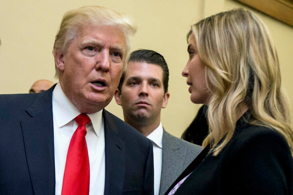 Donald Trump, left, his son Donald Trump Jr., center, and his daughter Ivanka