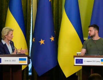 European Commission President Ursula von der Leyen, left, speaks during a joint press conference with Ukraine President Volodymyr Zelenskyy in Kyiv, Ukraine, Saturday, June 11, 2022. Von der Leyen is making her second visit to Ukraine since Russia invaded its neighbor. (AP Photo/Natacha Pisarenko)