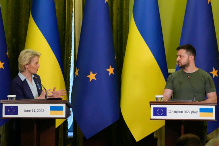 European Commission President Ursula von der Leyen, left, speaks during a joint press conference with Ukraine President Volodymyr Zelenskyy in Kyiv, Ukraine, Saturday, June 11, 2022. Von der Leyen is making her second visit to Ukraine since Russia invaded its neighbor. (AP Photo/Natacha Pisarenko)