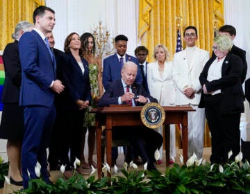 President Joe Biden signs an executive order at an event to celebrate Pride Month in the East Room of the White House, Wednesday, June 15, 2022, in Washington. (AP Photo/Patrick Semansky)