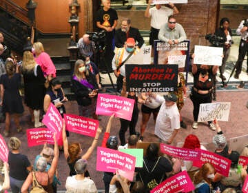 Protesters who support more abortion restrictions and protestors who upset at the recent U.S. Supreme Court ruling removing protections for abortions demonstrate in the lobby of the South Carolina Statehouse on Tuesday, June 28, 2022, in Columbia South Carolina. (AP Photo/Jeffrey Collins)