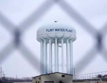 File photo: The Flint water plant tower is seen, Thursday, Jan. 6, 2022, in Flint, Mich. (AP Photo/Carlos Osorio, File)