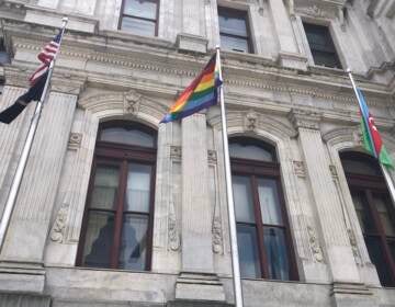 The LGBTQ pride flag was raised outside Philadelphia City Hall on June 3, 2022. (Sophia Schmidt/WHYY)