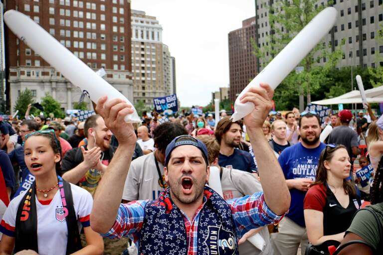 File photo: Soccer fans celebrate in Love Park as Philadelphia is named to host the 2026 World Cup. (Emma Lee/WHYY)