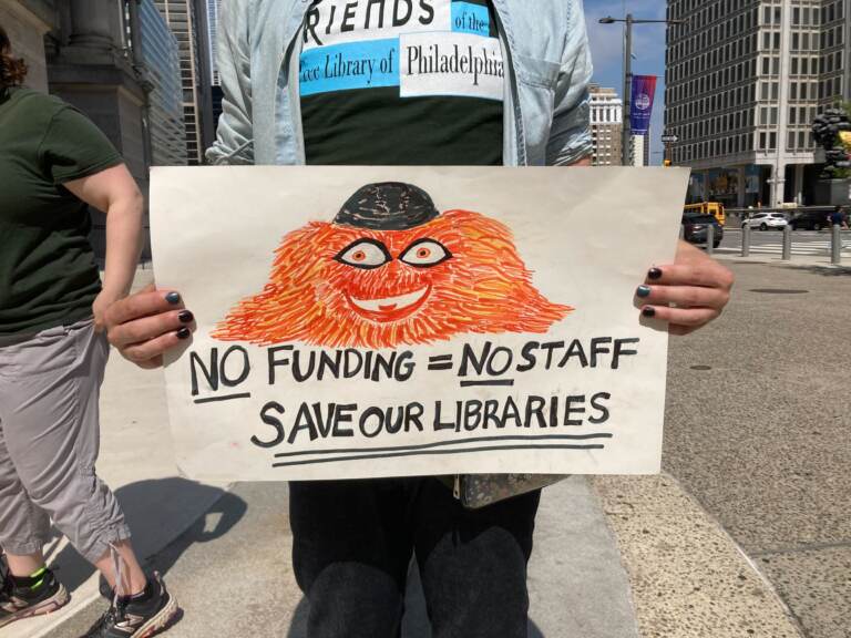 Employees of Philadelphia libraries and recreation centers gathered at City Hall Thursday to demand more funding in the upcoming budget. They say increased staffing will allow them to keep facilities open in the evenings and on weekends, which will provide a safe, engaging space for young people and potentially reduce gun violence. (Sammy Caiola/WHYY)