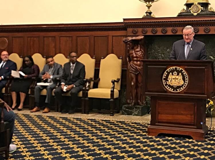 Mayor Kenney announced three schools to the city's Community Schools Program during a press conference at City Hall on Tuesday. (Alan Yu/WHYY)