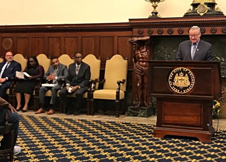 Mayor Kenney announced three schools to the city's Community Schools Program during a press conference at City Hall on Tuesday. (Alan Yu/WHYY)