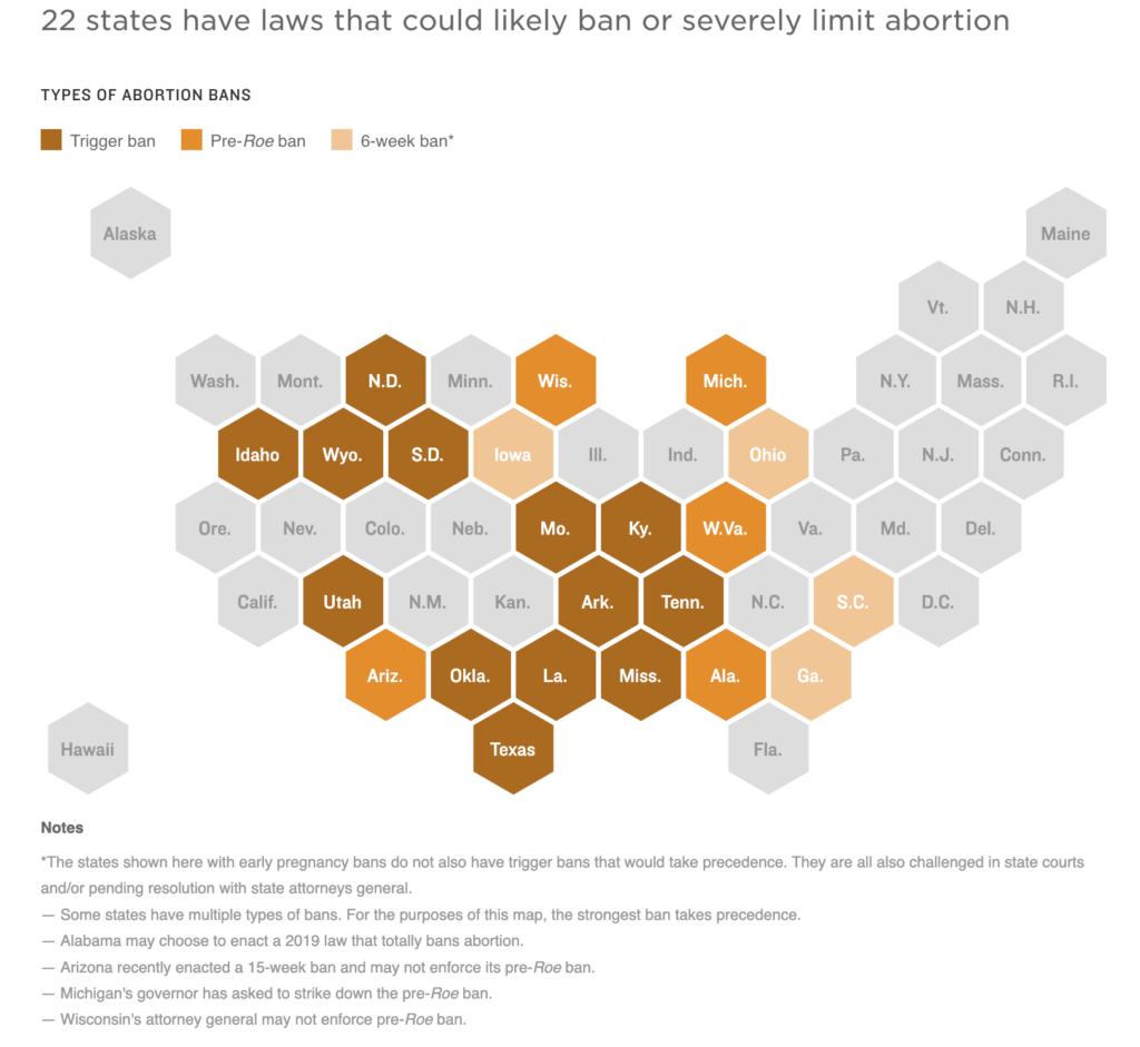 A map shows states likely to restrict or ban abortion.