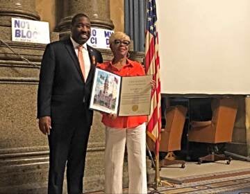 One of the honorees, Dr. Dorothy Johnson Speight, with Councilmember Kenyatta Johnson at CIty Hall on June 2, 2022. (Emily Rizzo / WHYY)