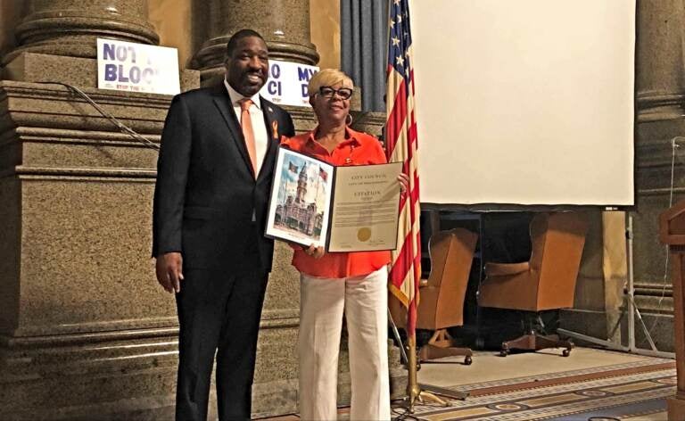 One of the honorees, Dr. Dorothy Johnson Speight, with Councilmember Kenyatta Johnson at CIty Hall on June 2, 2022. (Emily Rizzo / WHYY)