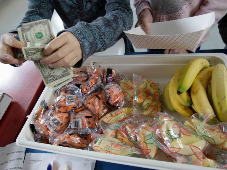 A student pays for lunch of fruits and vegetables during a school lunch program. (Paul Sakuma/AP)