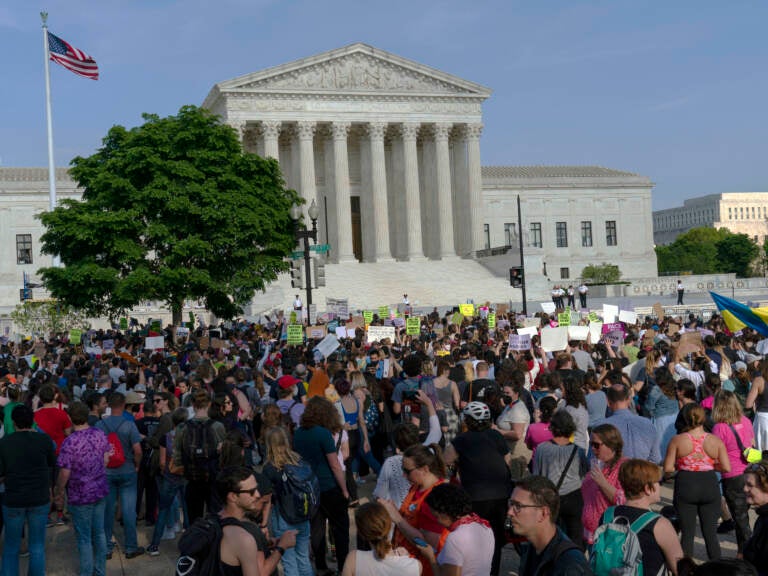 Abortion rights activists protest outside of the U.S. Supreme Court in Washington on May 3, a day after the leak of a draft opinion suggesting a possible reversal of Roe v. Wade. (Jose Luis Magana/AP)