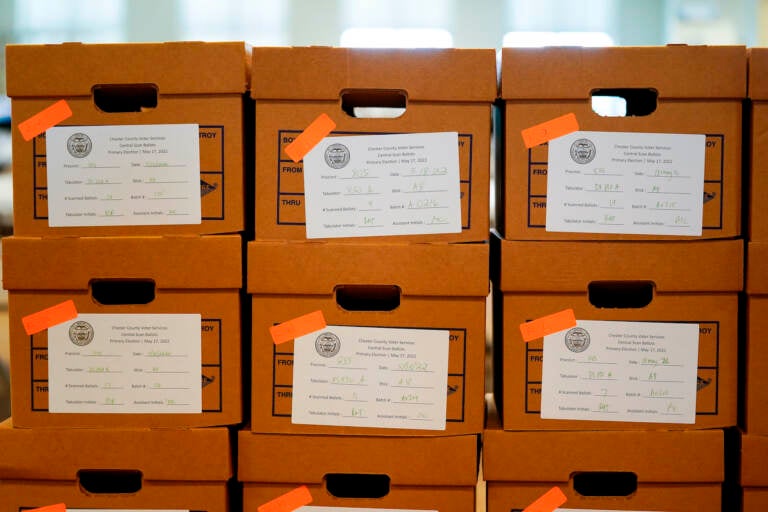 Boxes of recounted ballots from the recent Pennsylvania primary election are stacked at the Chester County Voter Services office in West Chester, Pa., Wednesday, June 1, 2022. (AP Photo/Matt Rourke)